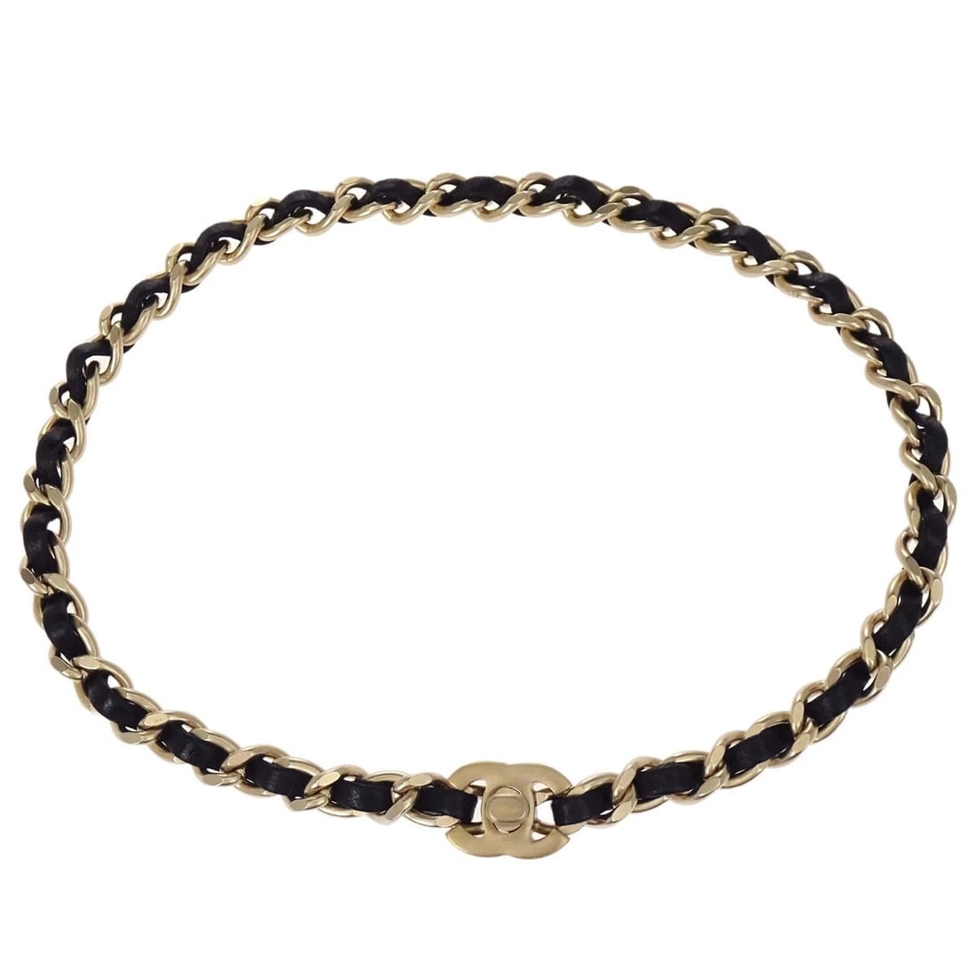 CHANEL GOLD BLACK LEATHER TURNLOCK CHOKER NECKLACE: Chanel Gold Black Leather Turnlock Choker Necklace Brand: CHANEL Type/Style: Necklace Material: Gold Plated Leather Color: Gold, Black Size: Chain(Overall) : 38.0 cm, Width : 0.6 cm Accessories: N