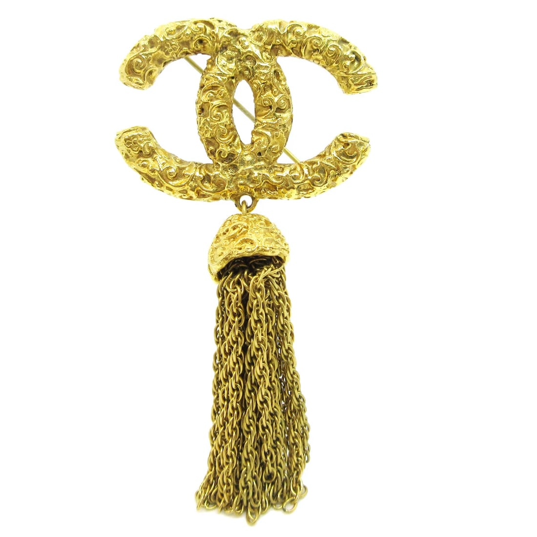 CHANEL FRINGE BROOCH PIN GOLD: Chanel Fringe Brooch Pin Gold Brand: Chanel Type/Style: Pin Material: Gold Plated Color: Gold Size: W 4.3 x H 8.5 cm Accessories: None Accessories Notice: When purchasing pre-owned goods,