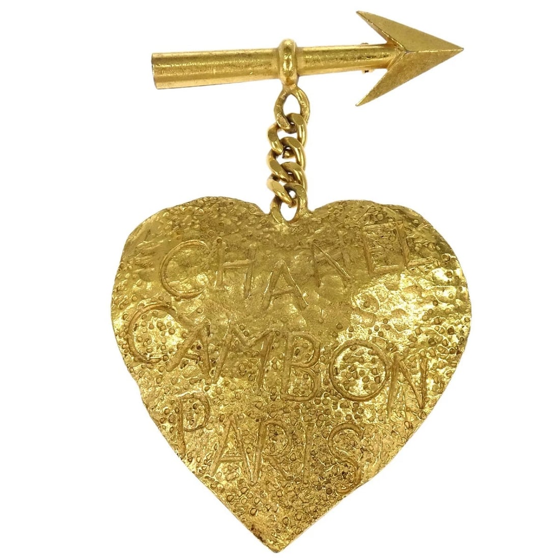 CHANEL HEART AND ARROW BROOCH PIN GOLD: Chanel Heart And Arrow Brooch Pin Gold Brand: Chanel Type/Style: Brooch Material: Gold Plated Color: Gold Size: W 5.5 x H 9.0 cm Accessories: None Accessories Notice: When purchasing pre-o