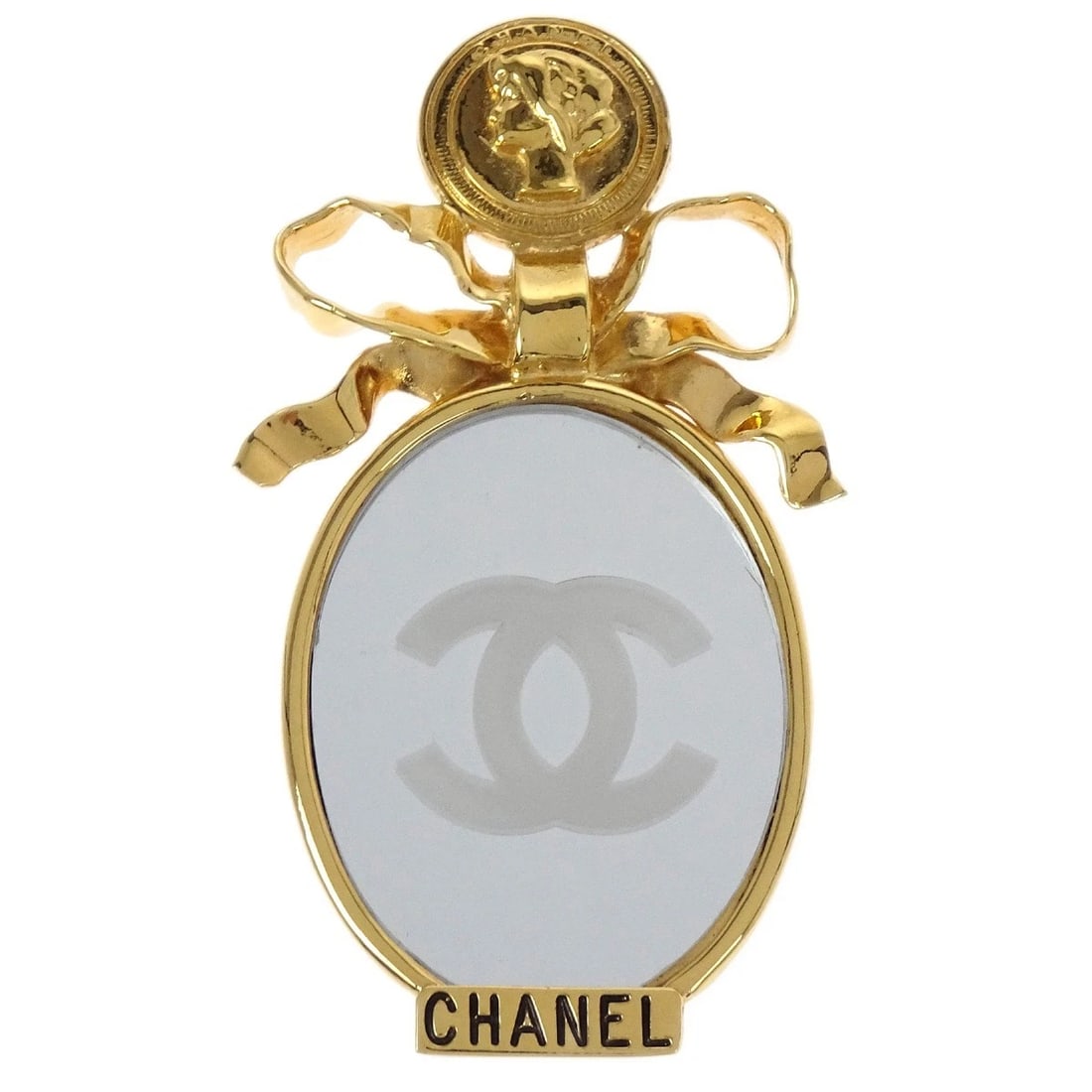 CHANEL BOW MIRROR BROOCH PIN GOLD: Chanel Bow Mirror Brooch Pin Gold Brand: CHANEL Type/Style: Brooch Material: Gold Plated Color: Gold Size: W 5.0 x H 9.0 cm Accessories: None Accessories Notice: When purchasing pre-owned