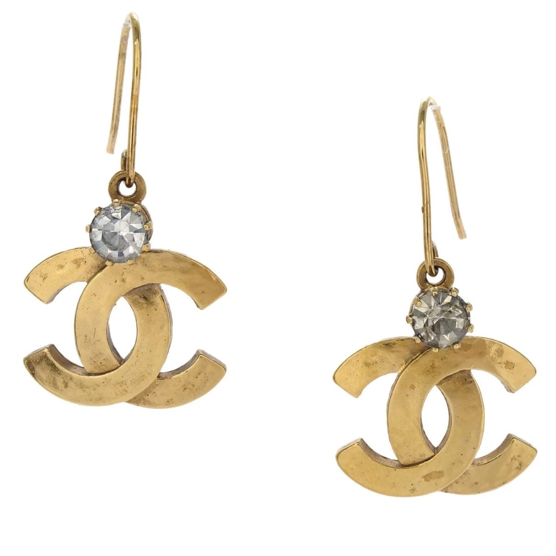 CHANEL CC DANGLE PIERCED EARRINGS GOLD RHINESTONE: Chanel CC Dangle Pierced Earrings Gold Rhinestone Brand: CHANEL Type/Style: Earrings Material: Gold Plated Main Stone Rhinestone Color: Gold Size: W 2.0 x H 2.0 cm Accessories: None Access
