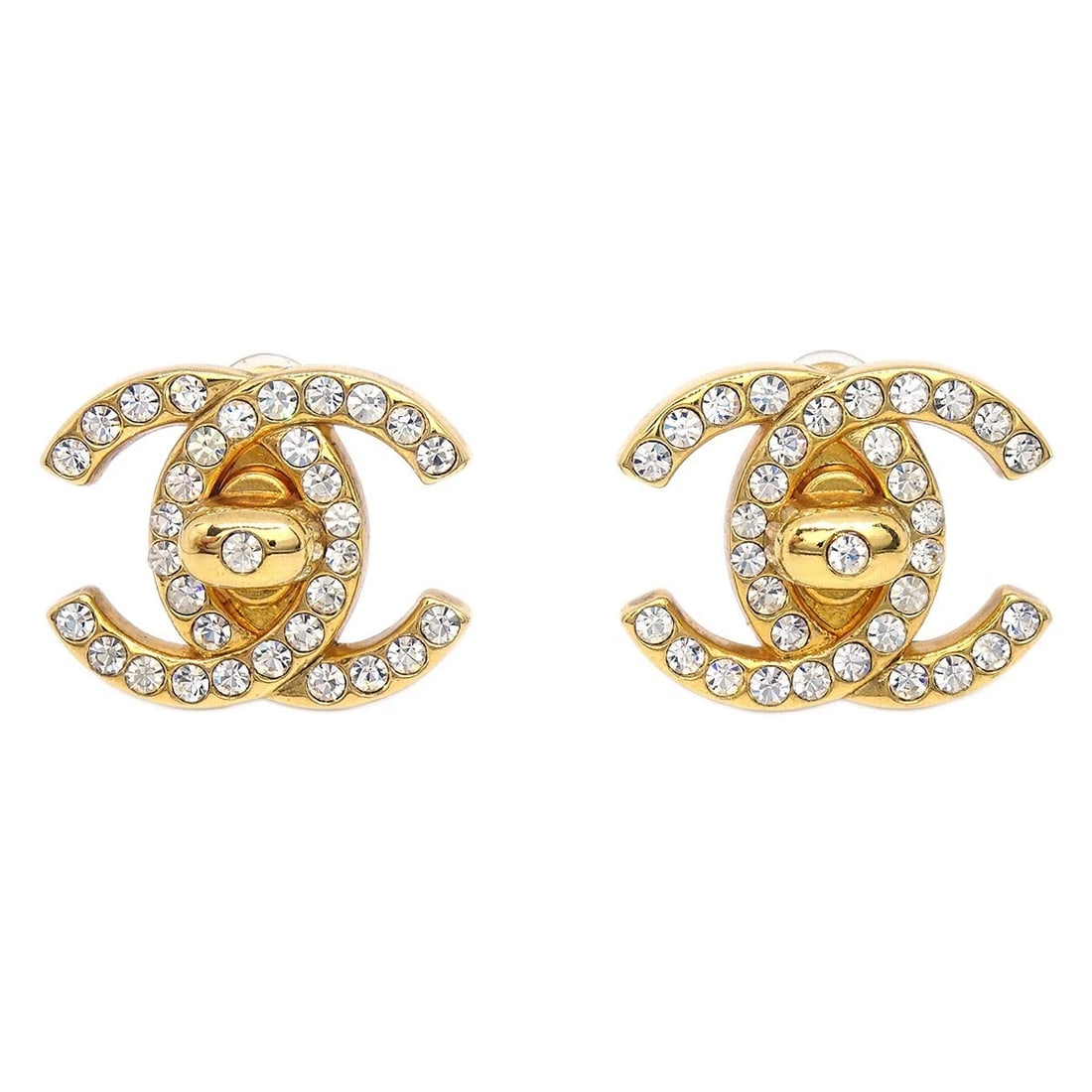 CHANEL CC TURNLOCK CLIP-ON EARRINGS GOLD RHINESTONE LARGE: Chanel CC Turnlock Clip-On Earrings Gold Rhinestone Large Brand: CHANEL Type/Style: Earrings Material: Gold Plated Main Stone Rhinestone Color: Gold Size: W 2.7 x H 2.1 cm Accessories: None
