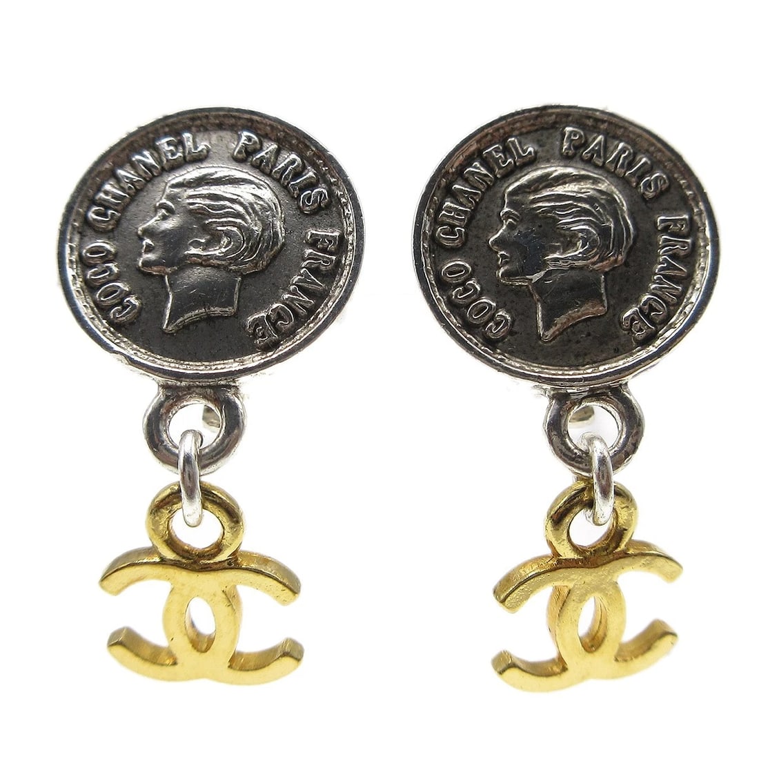 CHANEL MEDALLION DANGLE EARRINGS GOLD SILVER CLIP-ON: Chanel Medallion Dangle Earrings Gold Silver Clip-On Brand: CHANEL Type/Style: Earrings Material: Silver Plated Gold Plated Color: Gold, Silver Size: W 1.5 x H 2.7 cm Accessories: None Acc
