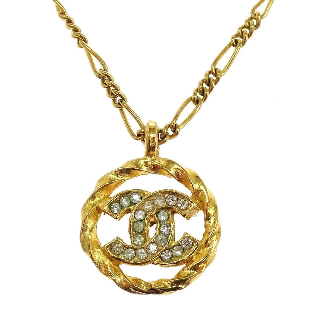 CHANEL MEDALLION GOLD CHAIN NECKLACE RHINESTONE: Chanel Medallion Gold Chain Necklace Rhinestone Brand: CHANEL Type/Style: Pendant Material: Gold Plated Main Stone Rhinestone Color: Gold Size: Chain(Overall) : 40.0 cm, Charm : Diameter : W 1.5 cm