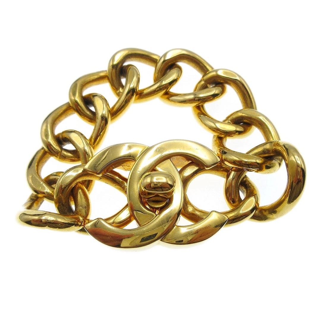CHANEL TURNLOCK CHARM GOLD CHAIN BRACELET: Chanel Turnlock Charm Gold Chain Bracelet Brand: Chanel Type/Style: Bracelet Material: Gold Plated Color: Gold Size: Inner circumference : 19.0 cm, Width : 1.5 cm, Charm : W 3.3 x H 2.5 cm Accesso
