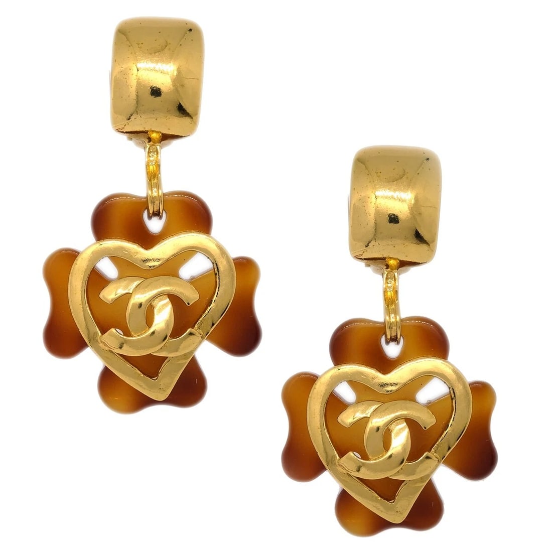 CHANEL CLOVER DANGLE EARRINGS GOLD CLIP-ON: Chanel Clover Dangle Earrings Gold Clip-On Brand: CHANEL Type/Style: Earrings Material: Gold-Plated Acrylic Color: Gold, Brown Size: W 4.0 x H 7.0 cm Accessories: None Accessories Notice:
