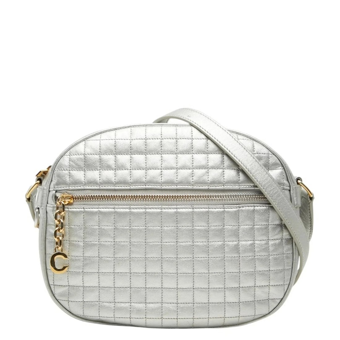 CELINE C CHARM CROSSBODY SHOULDER BAG: Celine C Charm Crossbody Shoulder Bag Brand: Celine Type/Style: Shoulder bag Material: Leather Color: Silver Size: (HxWxD) 19cm x 24cm x 5.5cm / 7.48inch x 9.44inch x 2.16inch Accessories: None