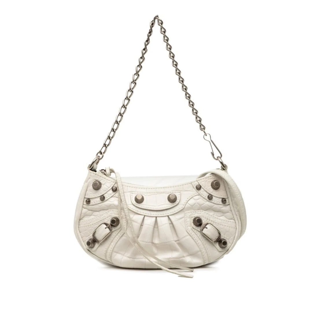 BALENCIAGA LE CAGOLE MINI XS HANDBAG CHAIN SHOULDER BAG: Balenciaga Le Cagole Mini XS Handbag Chain Shoulder Bag Brand: Balenciaga Type/Style: Handbag, Shoulder bag Material: Leather Color: White Size: (HxWxD) 12.5cm x 21cm x 4.5cm / 4.92inch x 8.26inch x