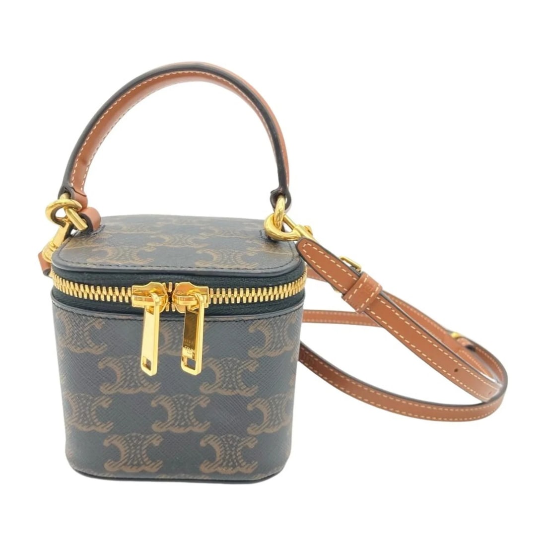 CELINE TRIOMPHE MINI VANITY CASE SHOULDER BAG: CELINE Triomphe Mini Vanity Case Shoulder Bag Brand: Celine Type/Style: Shoulder bag, Vanity bag Material: PVC Color: none Size: (HxWxD) 9cm x 9.5cm x 9.5cm / 3.54inch x 3.74inch x 3.74inch