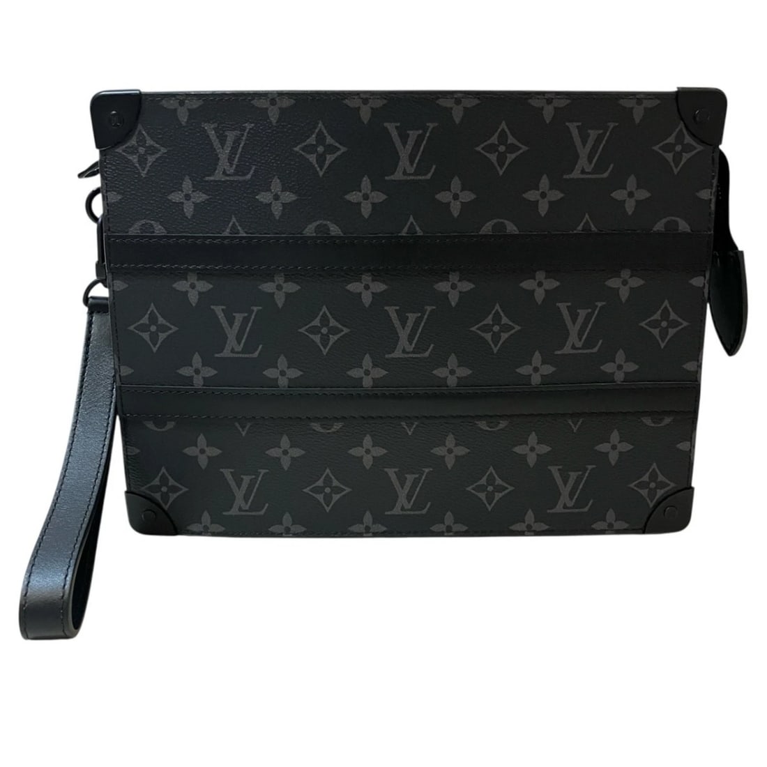 LOUIS VUITTON TRUNK POCHETTE CLUTCH BAG, MONOGRAM ECLIPSE: Louis Vuitton Trunk Pochette Clutch Bag, Monogram Eclipse Brand: Louis Vuitton Type/Style: Clutch bag, Pochette Material: Monogram Eclipse Color: Black Size: (HxWxD) 21cm x 28cm x 3.5cm / 8.26inch x