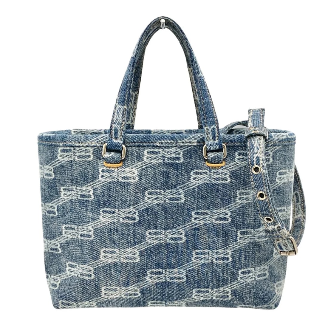 BALENCIAGA BB MONOGRAM SIGNATURE SMALL SHOPPER HANDBAG: Balenciaga BB Monogram Signature Small Shopper Handbag Brand: Balenciaga Type/Style: Handbag Material: Denim Color: Blue Size: (HxWxD) 18cm x 23cm x 10.5cm / 7.08inch x 9.05inch x 4.13inch