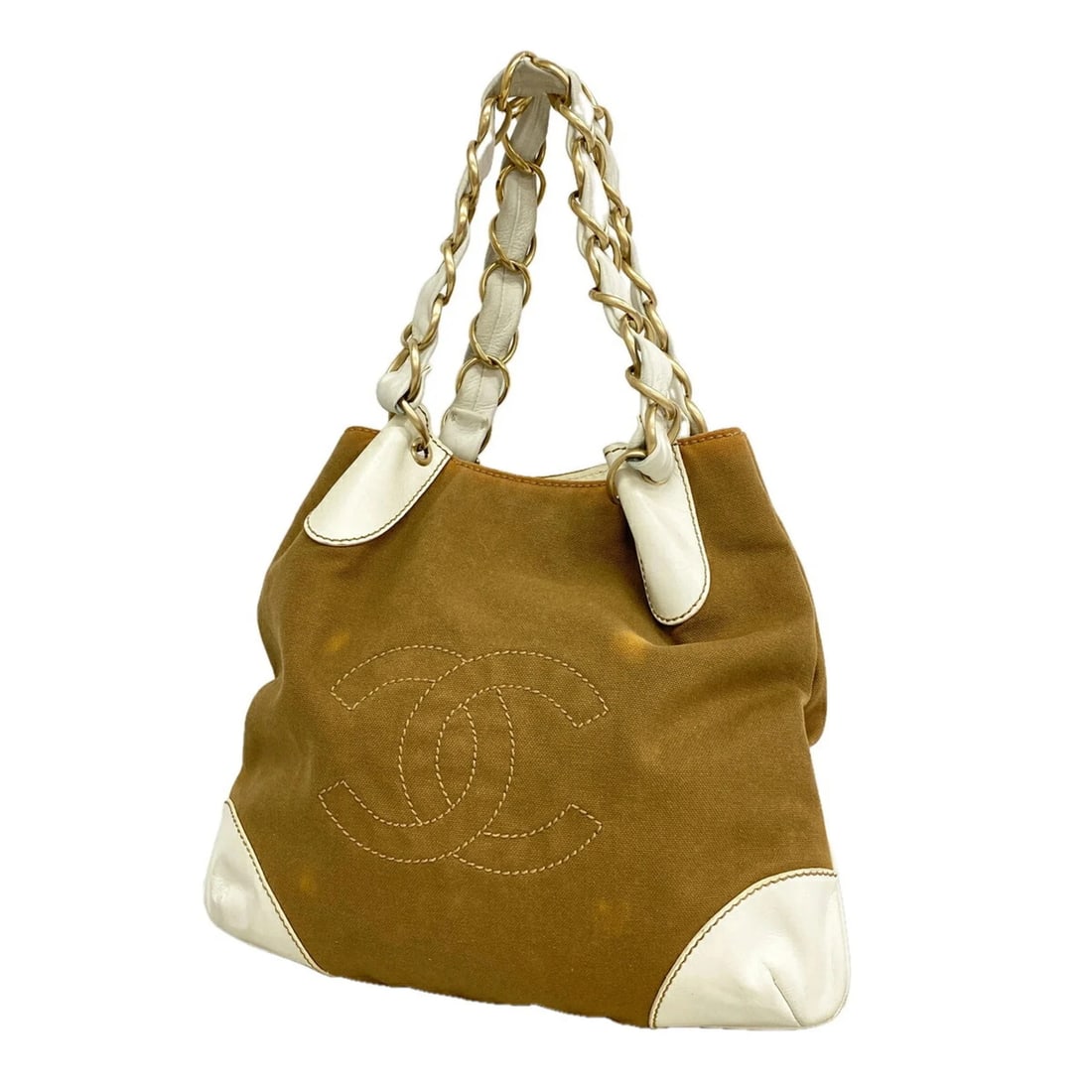 CHANEL TOTE BAG / CHAIN CANVAS BEIGE WHITE: Chanel Tote Bag / Chain Canvas Beige White Brand: Chanel Type/Style: Tote bag Material: Canvas Color: Beige, White Size: (HxWxD) 31cm x 34cm x 7cm / 12.2inch x 13.38inch x 2.75inch Accessories: No