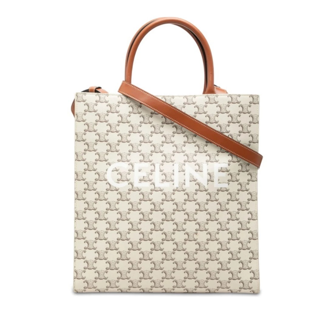 CELINE TRIOMPHE VERTICAL CABAS MEDIUM HANDBAG: Celine Triomphe Vertical Cabas Medium Handbag Brand: Celine Type/Style: Handbag, Shoulder bag Material: PVC , Leather Color: Brown, Ivory Size: (HxWxD) 34.5cm x 31.5cm x 8.5cm / 13.58inch x 12.4inch