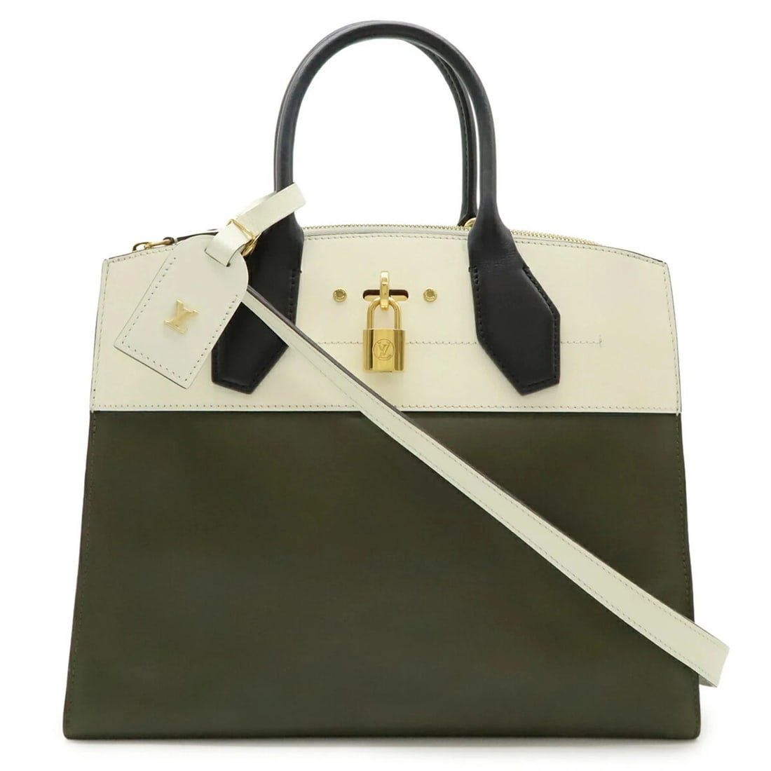 LOUIS VUITTON CITY STEAMER MM HANDBAG: LOUIS VUITTON City Steamer MM Handbag Brand: Louis Vuitton Type/Style: Handbag, Shoulder bag Material: Leather Color: Black, Ivory, Khaki Size: (HxWxD) 25cm x 31cm x 13.5cm / 9.84inch x 12.2inch x 5.3