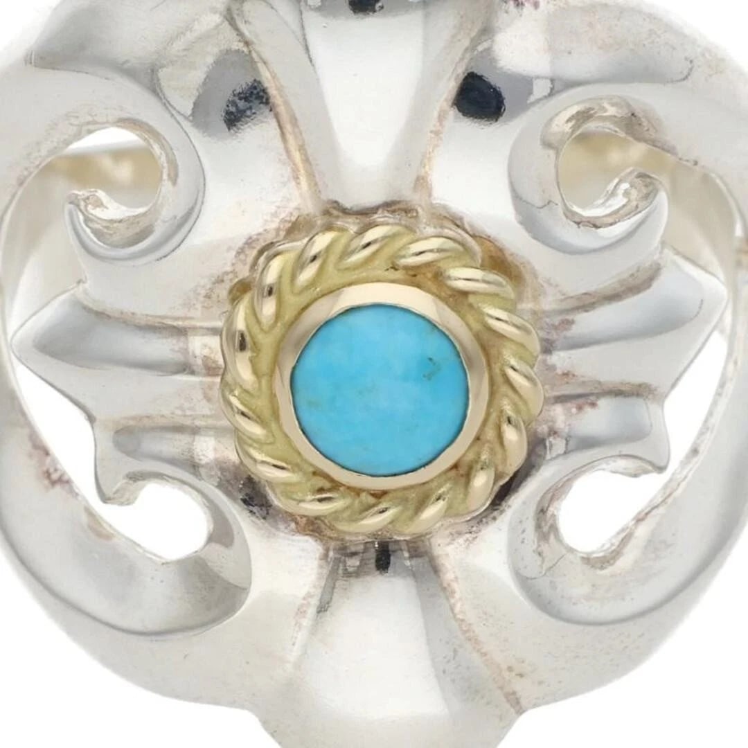 GOROWS CAST RING WITH TURQUOISE KINAWA: Gorows Cast Ring With Turquoise Kinawa Brand: goro's Type/Style: Ring Material: Color: Silver, Gold, Blue Size: 10.25 - 10.5 US Accessories: None Accessories Notice: When purchasing pre-ow