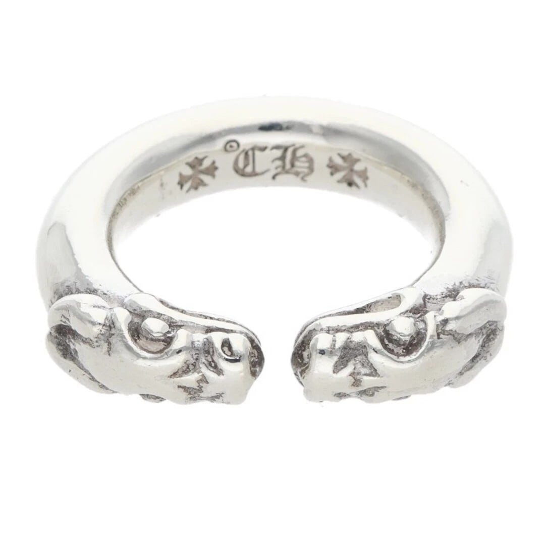 CHROME HEARTS DOUBLE DOG RING SILVER: Chrome Hearts Double Dog Ring Silver Brand: Chrome Hearts Type/Style: Ring Material: Color: Size: 4.5 - 4.75 US Accessories: None Accessories Notice: When purchasing pre-owned goods, please refer to