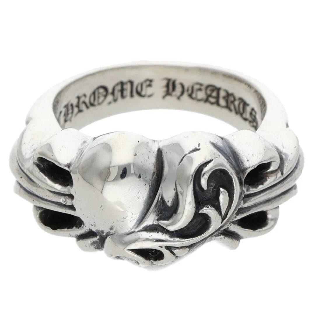CHROME HEARTS FLORAL HEART SILVER RING: Chrome Hearts Floral Heart Silver Ring Brand: Chrome Hearts Type/Style: Ring Material: 925 Silver Color: silver Size: US Size 10.5 Accessories: None Accessories Notice: When purchasing pre