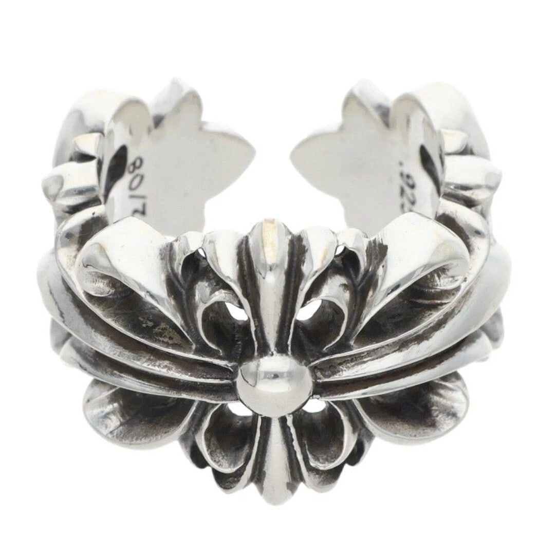 CHROME HEARTS DOUBLE FLORAL CROSS SILVER RING: Chrome Hearts Double Floral Cross Silver Ring Brand: Chrome Hearts Type/Style: Ring Material: 925 Silver Color: silver Size: US Size 14 Accessories: None Accessories Notice: When purchasing pre-owned