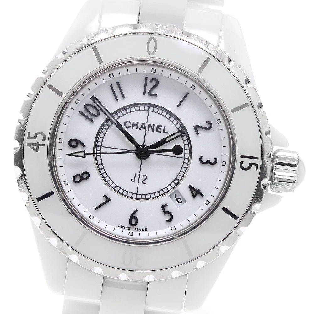 CHANEL J12 WHITE CERAMIC DATE WHITE DIAL QUARTZ WATCH: CHANEL J12 White ceramic date white Dial Quartz Watch Brand: CHANEL Type/Style: Wristwatch Material: Band Material Ceramic / Stainless Steel, Case Material Ceramic / Stainless Steel Color: Band Color