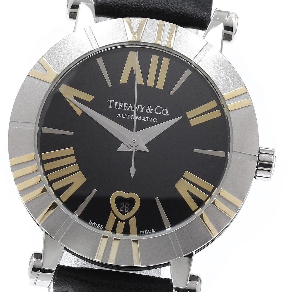 TIFFANY&CO. ATLAS DATE AUTOMATIC WATCH: TIFFANY&Co. Atlas Date Automatic Watch Brand: TIFFANY&Co. Type/Style: Wristwatch Material: Band Material leather, Case Material Stainless Steel / ceramic Color: Band Color black, Case Color Silver / B