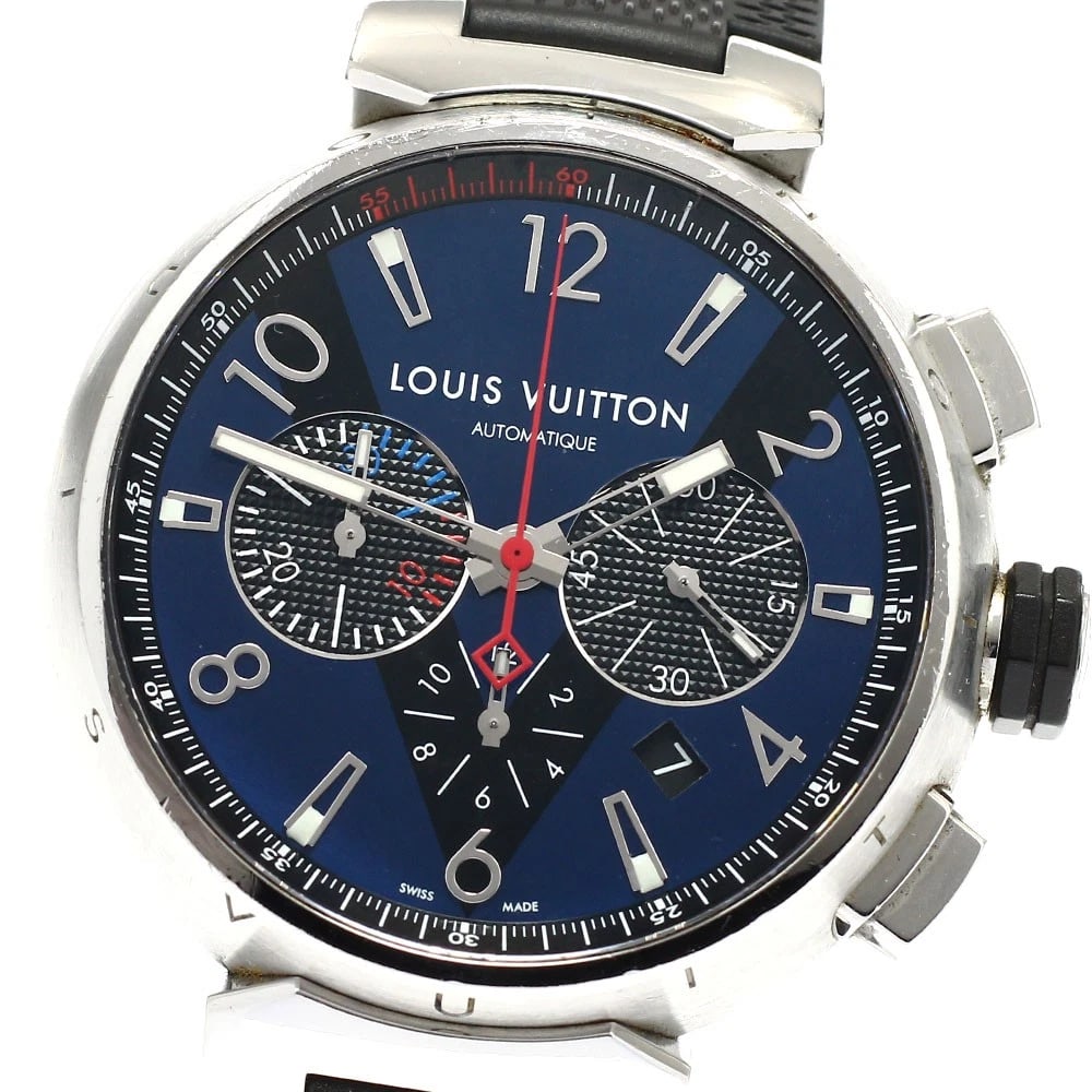 LOUIS VUITTON TAMBOUR CHRONOGRAPH BLUE-BLACK DIAL AUTOMATIC WATCH: LOUIS VUITTON Tambour Chronograph blue-black Dial Automatic Watch Brand: LOUIS VUITTON Type/Style: Wristwatch Material: Band Material rubber, Case Material Stainless Steel Color: Band Color black,