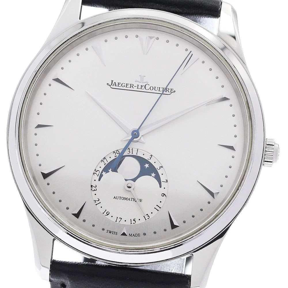JAEGER-LECOULTRE MASTER ULTRA SLIM MOON WATCH: JAEGER-LECOULTRE master ultra slim moon Watch Brand: JAEGER-LECOULTRE Type/Style: Wristwatch Material: Band Material leather, Case Material Stainless Steel Color: Band Color black, Case Color Silver, 
