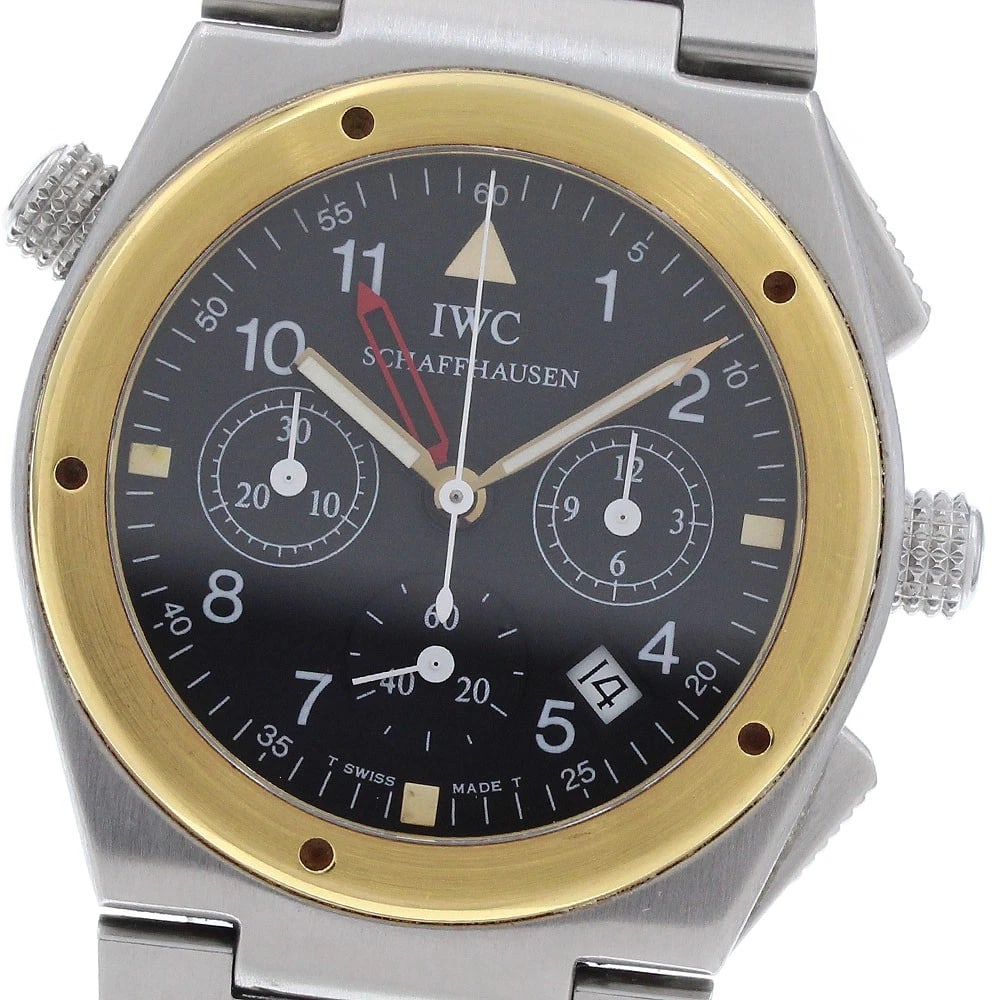 IWC SCHAFFHAUSEN YG BEZEL DATE BLACK DIAL QUARTZ WATCH: IWC SCHAFFHAUSEN YG bezel date black Dial Quartz Watch Brand: IWC SCHAFFHAUSEN Type/Style: Wristwatch Material: Band Material leather, Case Material Stainless Steel/YG Color: Band Color black, Case Co