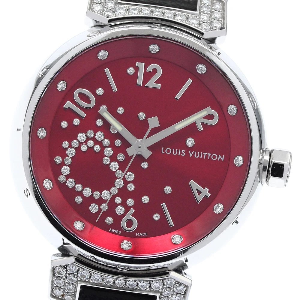 LOUIS VUITTON TAMBOUR FIJI HEART DIAMOND HEART QUARTZ WATCH: LOUIS VUITTON Tambour Fiji Heart Diamond Heart Quartz Watch Brand: LOUIS VUITTON Type/Style: Wristwatch Material: Band Material leather, Case Material Stainless Steel Color: Band Color black, Case