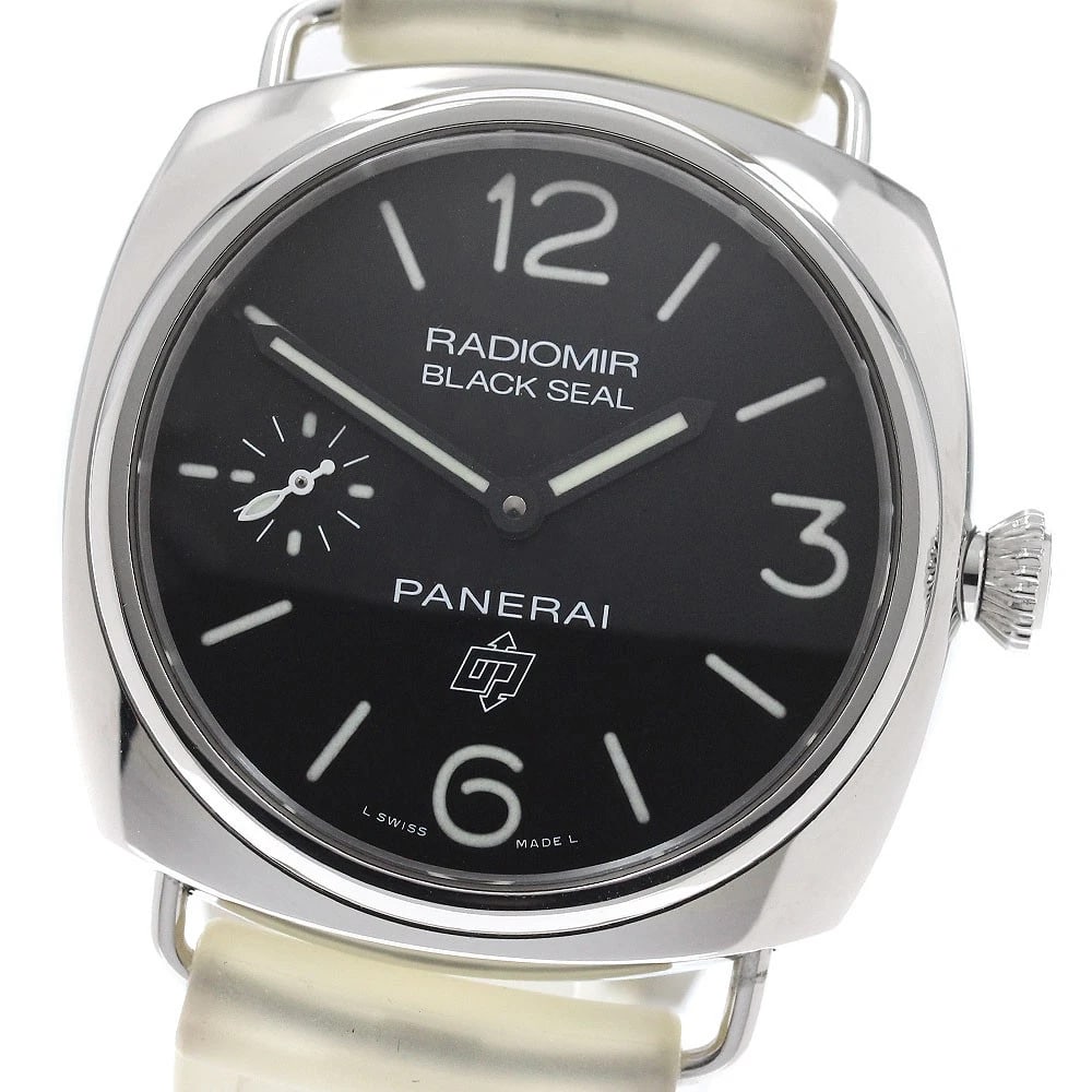 PANERAI RADIOMIR BLACK SEAL LOGO HAND WINDING WATCH: PANERAI Radiomir Black Seal Logo Hand Winding Watch Brand: PANERAI Type/Style: Wristwatch Material: Band Material rubber, Case Material Stainless Steel Color: Band Color clear, Case Color Silver,
