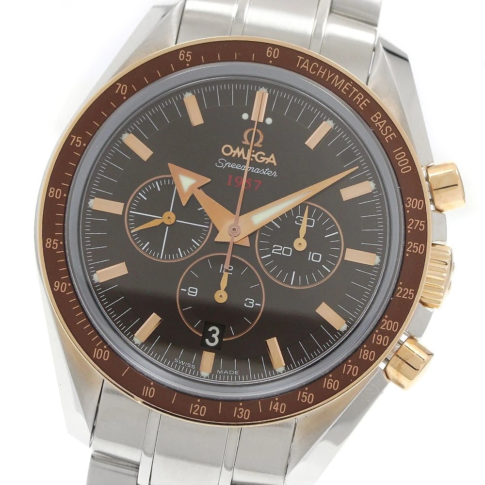 OMEGA SPEEDMASTER BROAD ARROW WATCH: OMEGA Speedmaster Broad Arrow Watch Brand: OMEGA Type/Style: Wristwatch Material: Band Material Stainless Steel, Case Material Stainless Steel/K18RG Color: Band Color Silver, Case Color Silver / Red