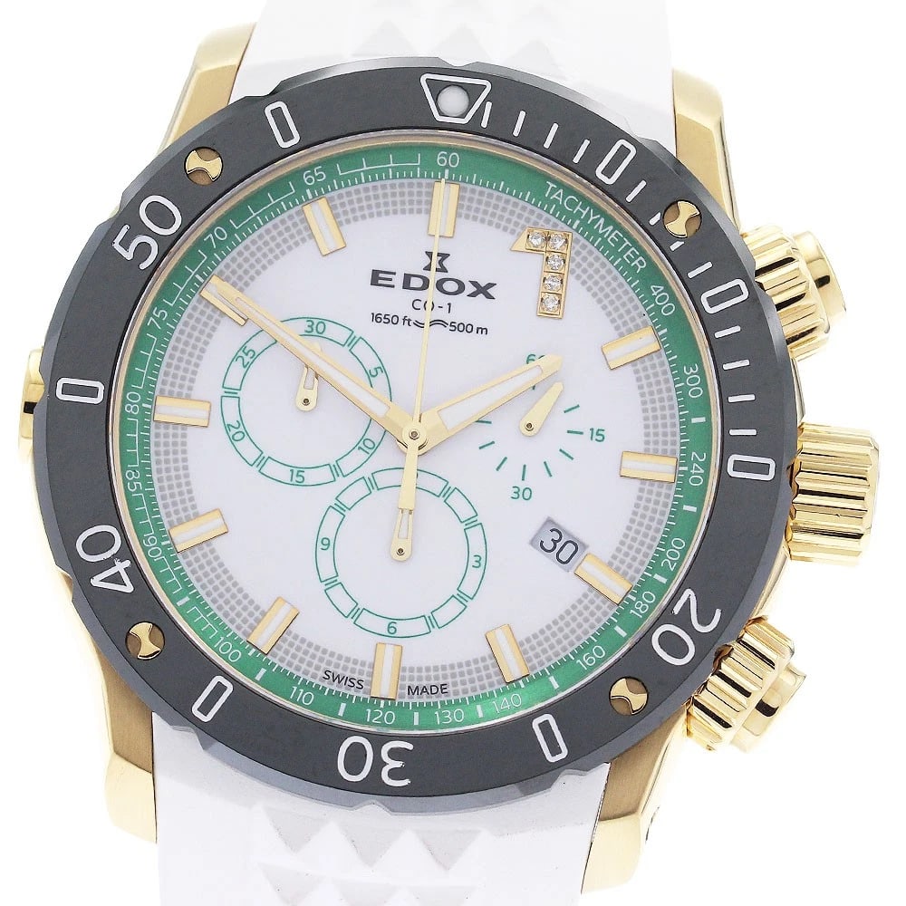EDOX CHRONO OFFSHORE QUARTZ WATCH: EDOX Chrono Offshore Quartz Watch Brand: EDOX Type/Style: Wristwatch Material: Band Material rubber, Case Material Stainless Steel / ceramic Color: Band Color white, Case Color gold, Dial Color white