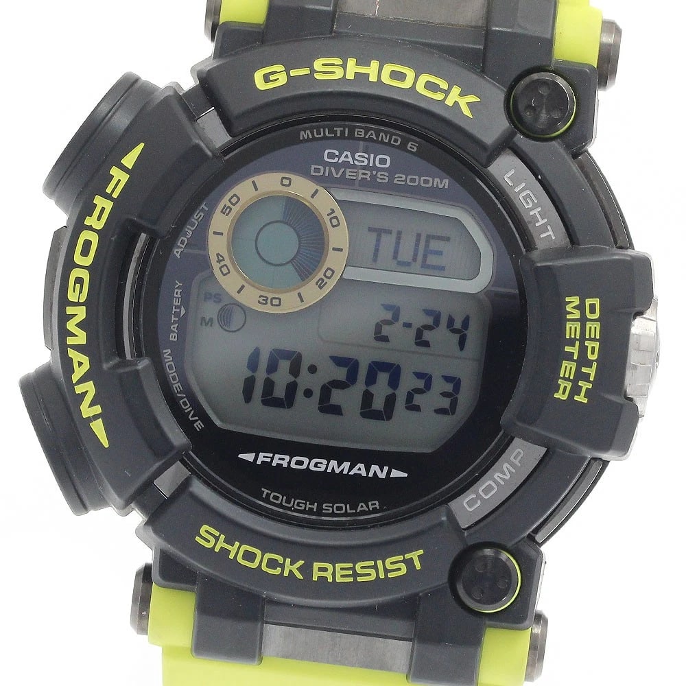 CASIO G-SHOCK FROGMAN SOLAR POWERED RADIO WATCH: CASIO G-SHOCK Frogman Solar Powered Radio Watch Brand: CASIO Type/Style: Wristwatch Material: Band Material rubber, Case Material Rubber / stainless steel Color: Band Color Yellow / black, Case Color