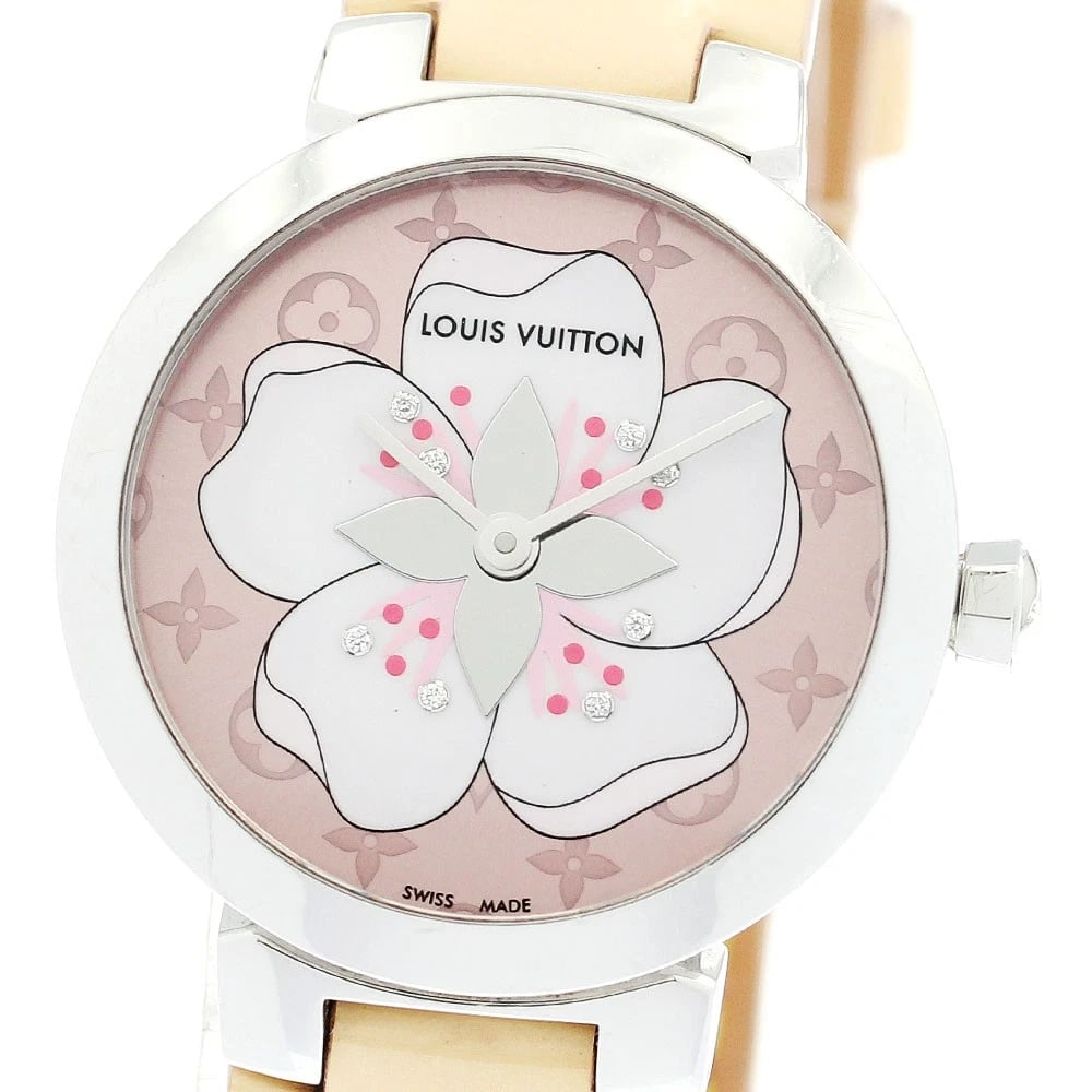 LOUIS VUITTON TAMBOUR DIAMOND QUARTZ WATCH: LOUIS VUITTON Tambour diamond Quartz Watch Brand: LOUIS VUITTON Type/Style: Wristwatch Material: Band Material leather, Case Material Stainless Steel Color: Band Color beige, Case Color Silver, Dial C