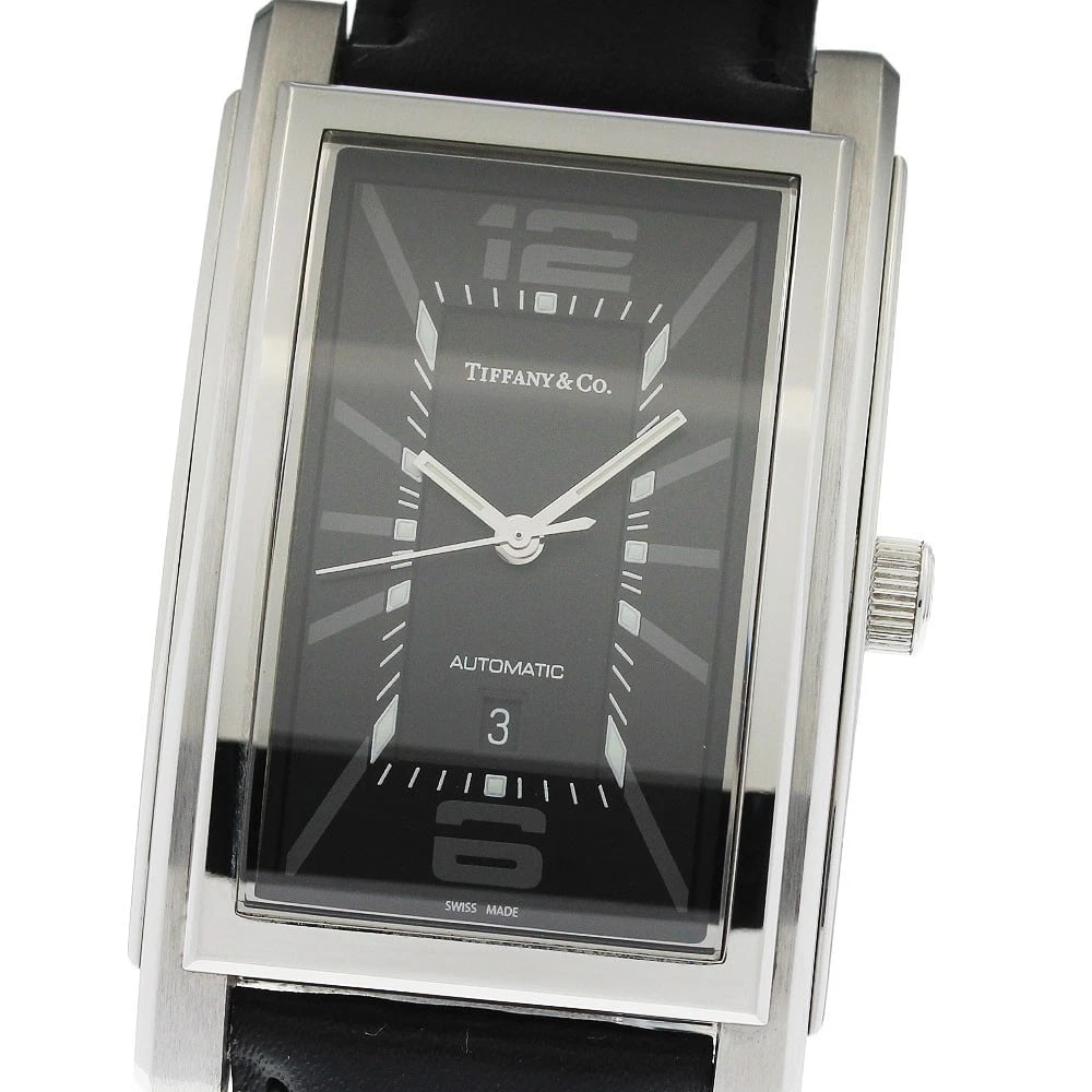 TIFFANY&CO. GROUND DATE BLACK DIAL AUTOMATIC WATCH: TIFFANY&Co. ground Date black Dial Automatic Watch Brand: TIFFANY&Co. Type/Style: Wristwatch Material: Band Material leather, Case Material Stainless Steel Color: Band Color black, Case Color Silver,