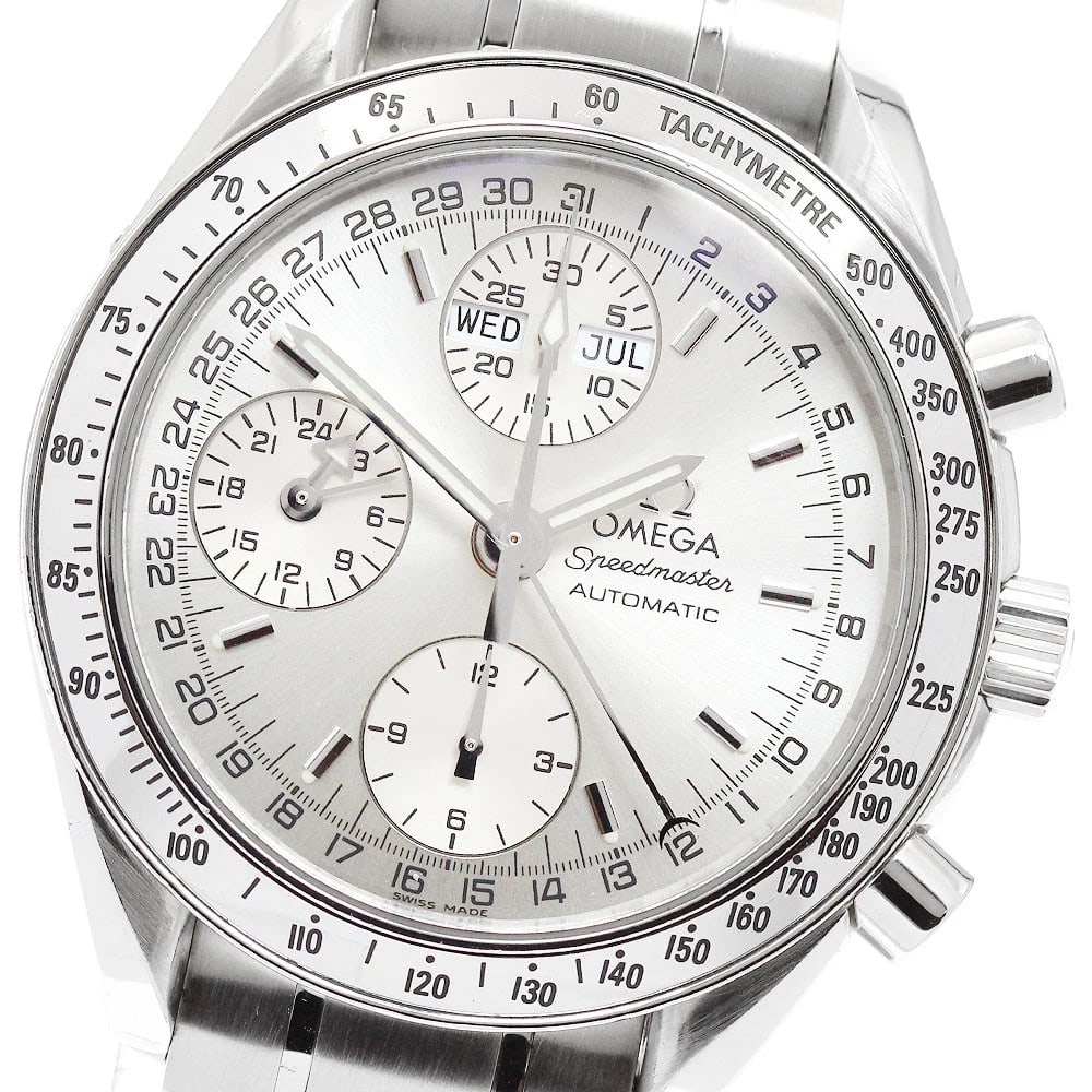 OMEGA SPEEDMASTER TRIPLE CALENDAR CHRONOGRAPH AUTOMATIC WATCH: OMEGA Speedmaster Triple calendar chronograph Automatic Watch Brand: OMEGA Type/Style: Wristwatch Material: Band Material Stainless Steel, Case Material Stainless Steel Color: Band Color Silver, Case