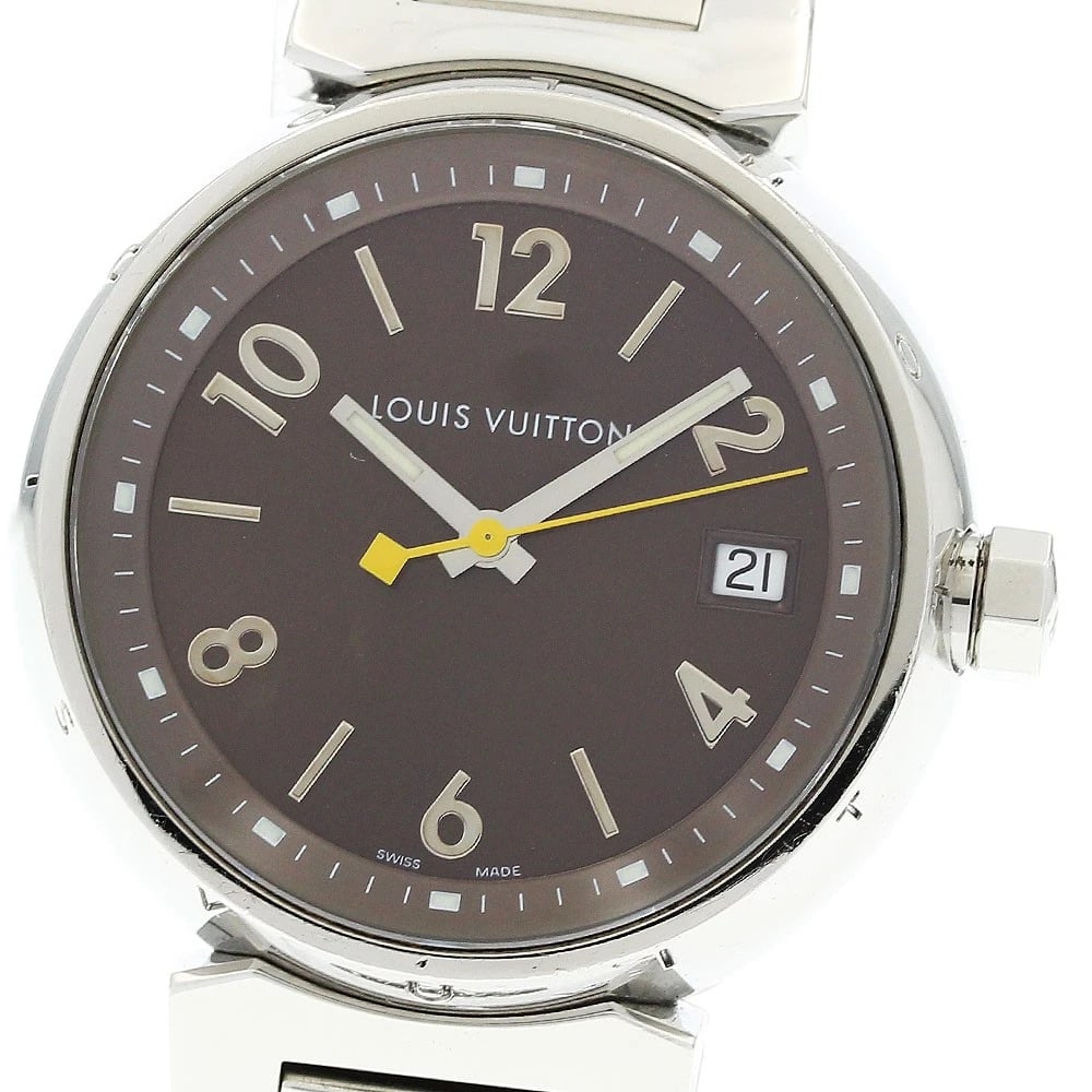 LOUIS VUITTON TAMBOUR DATE BROWN DIAL QUARTZ WATCH: LOUIS VUITTON Tambour Date Brown Dial Quartz Watch Brand: LOUIS VUITTON Type/Style: Wristwatch Material: Band Material Stainless Steel, Case Material Stainless Steel Color: Band Color Silver, Case Col