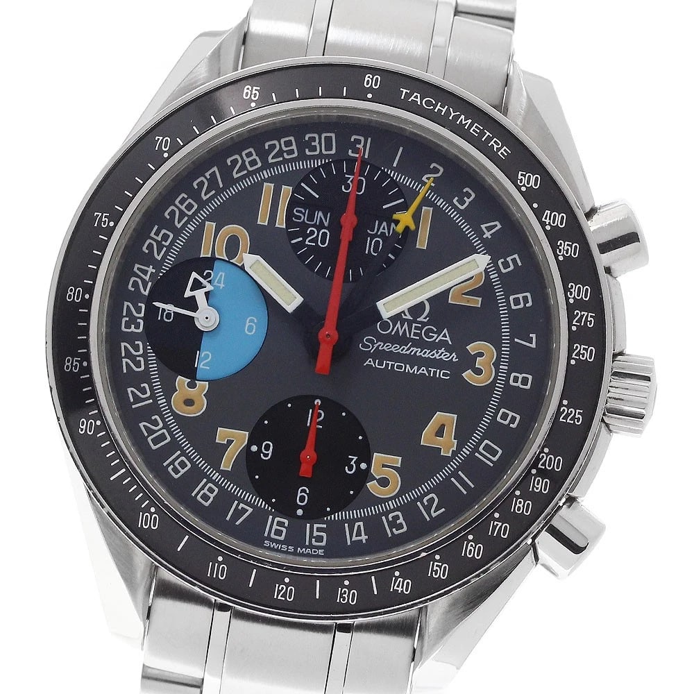 OMEGA SPEEDMASTER MARK 40 TRIPLE CALENDAR AUTOMATIC WATCH: OMEGA Speedmaster mark 40 Triple calendar Automatic Watch Brand: OMEGA Type/Style: Wristwatch Material: Band Material Stainless Steel, Case Material Stainless Steel Color: Band Color Silver, Case