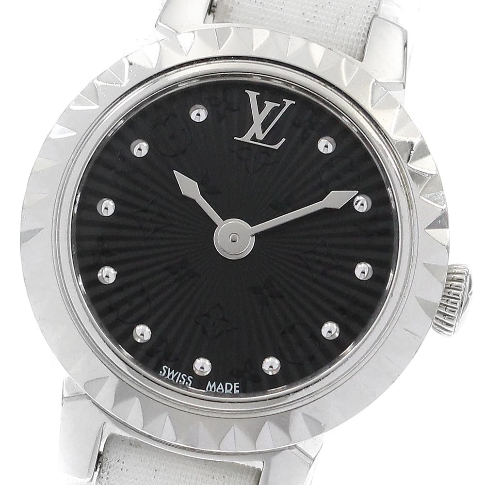 LOUIS VUITTON TAMBOUR BIJOU BLACK DIAL QUARTZ WATCH: LOUIS VUITTON Tambour bijou black Dial Quartz Watch Brand: LOUIS VUITTON Type/Style: Wristwatch Material: Band Material Nylon / leather, Case Material Stainless Steel Color: Band Color white, Case