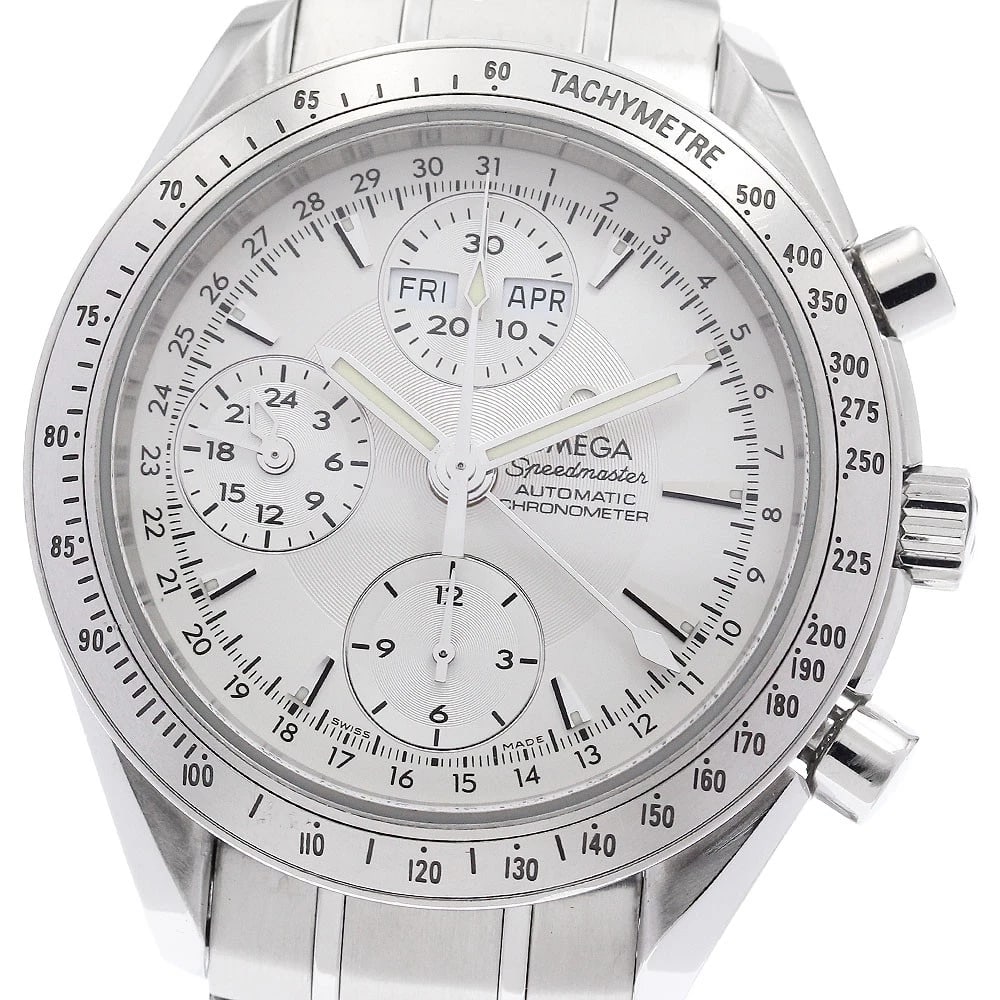 OMEGA SPEEDMASTER TRIPLE CALENDAR CHRONOGRAPH AUTOMATIC WATCH: OMEGA Speedmaster Triple calendar chronograph Automatic Watch Brand: OMEGA Type/Style: Wristwatch Material: Band Material Stainless Steel, Case Material Stainless Steel Color: Band Color Silver, Case