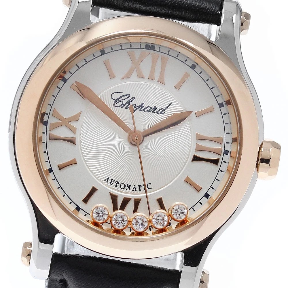 CHOPARD HAPPY SPORTS BEZEL DIAMOND AUTOMATIC WATCH: Chopard Happy sports bezel diamond Automatic Watch Brand: Chopard Type/Style: Wristwatch Material: Band Material leather, Case Material Stainless Steel/PG Color: Band Color black, Case Color Silver /