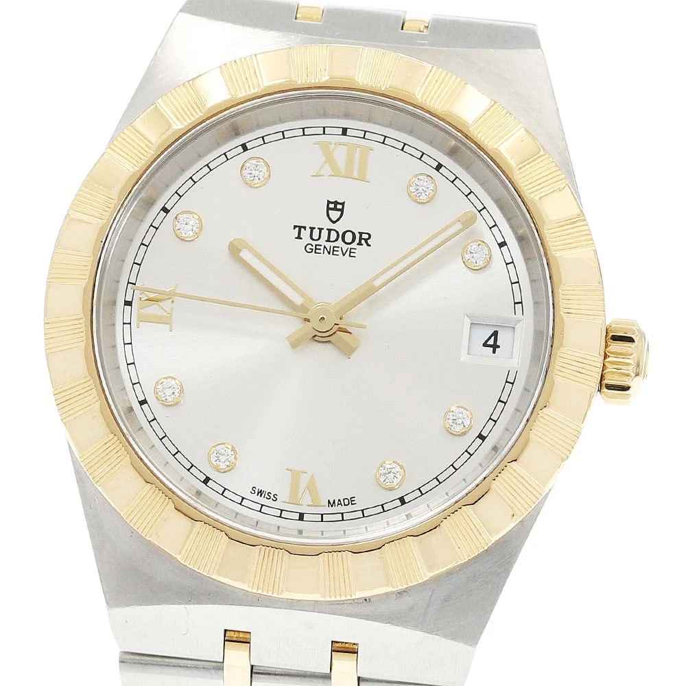 TUDOR ROYAL DATE DIAMOND SILVER DIAL AUTOMATIC WATCH: TUDOR Royal Date diamond Silver Dial Automatic Watch Brand: TUDOR Type/Style: Wristwatch Material: Band Material Stainless Steel/YG, Case Material Stainless Steel/YG Color: Band Color Silver / Gold, C