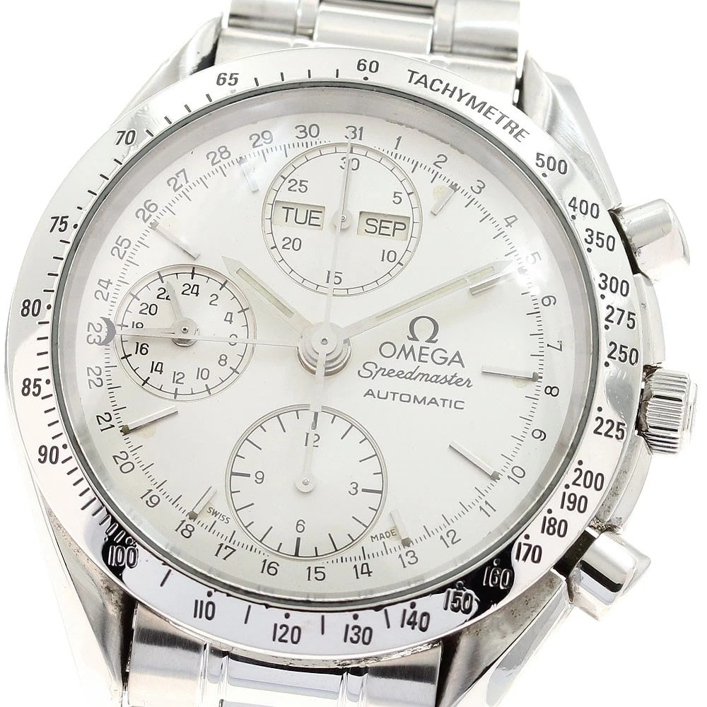 OMEGA SPEEDMASTER TRIPLE CALENDAR AUTOMATIC WATCH: OMEGA Speedmaster Triple calendar Automatic Watch Brand: OMEGA Type/Style: Wristwatch Material: Band Material Stainless Steel, Case Material Stainless Steel Color: Band Color Silver, Case Color