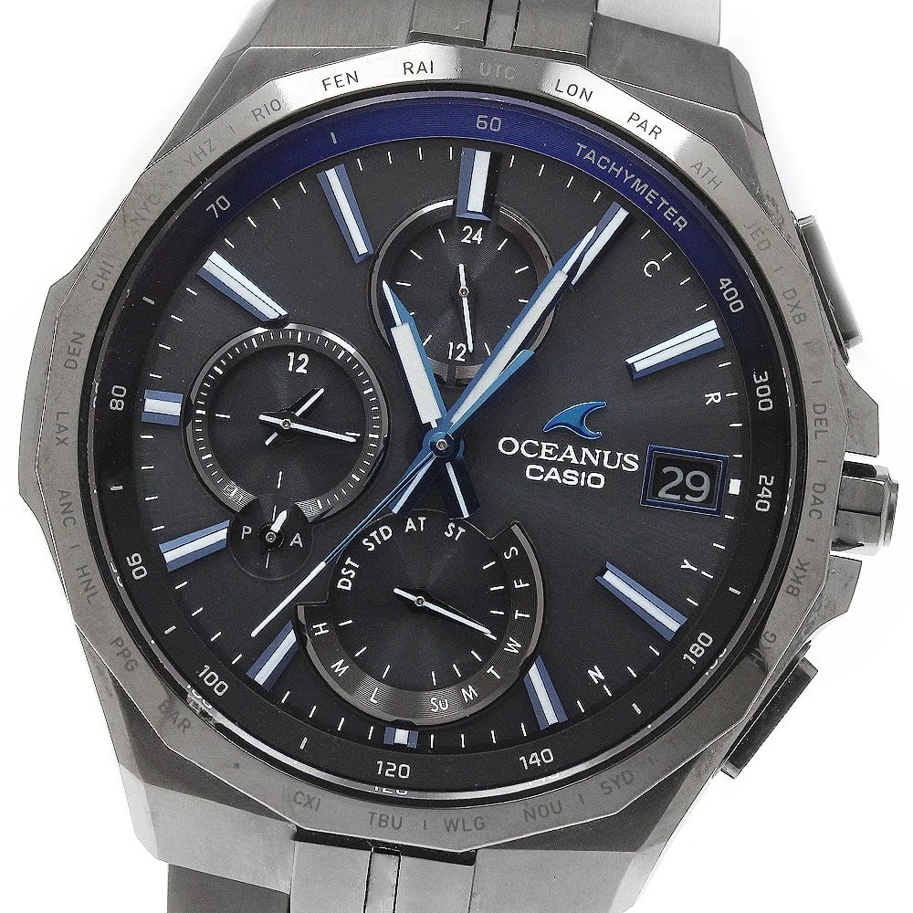 CASIO OCEANUS MANTA SOLAR POWERED RADIO WATCH: CASIO Oceanus Manta Solar Powered Radio Watch Brand: CASIO Type/Style: Wristwatch Material: Band Material titanium, Case Material titanium Color: Band Color black, Case Color black, Dial Color black