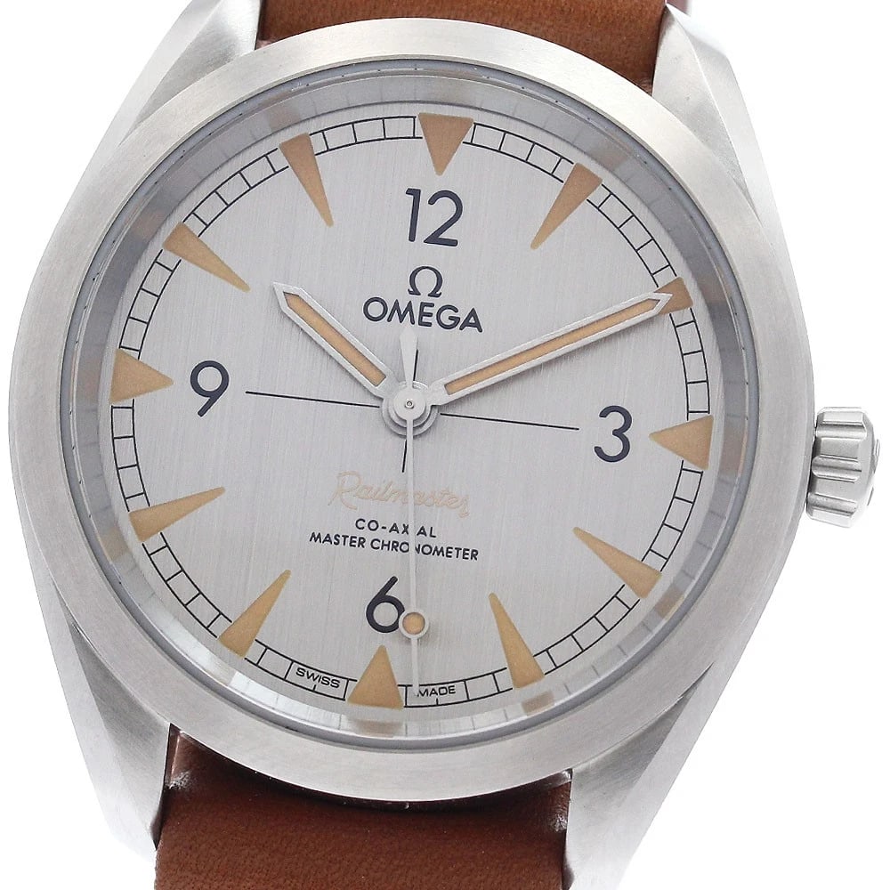 OMEGA SEAMASTER RAILMASTER COAXIAL AUTOMATIC WATCH: OMEGA Seamaster Railmaster Coaxial Automatic Watch Brand: OMEGA Type/Style: Wristwatch Material: Band Material leather, Case Material Stainless Steel Color: Band Color Brown, Case Color Silver, Dial