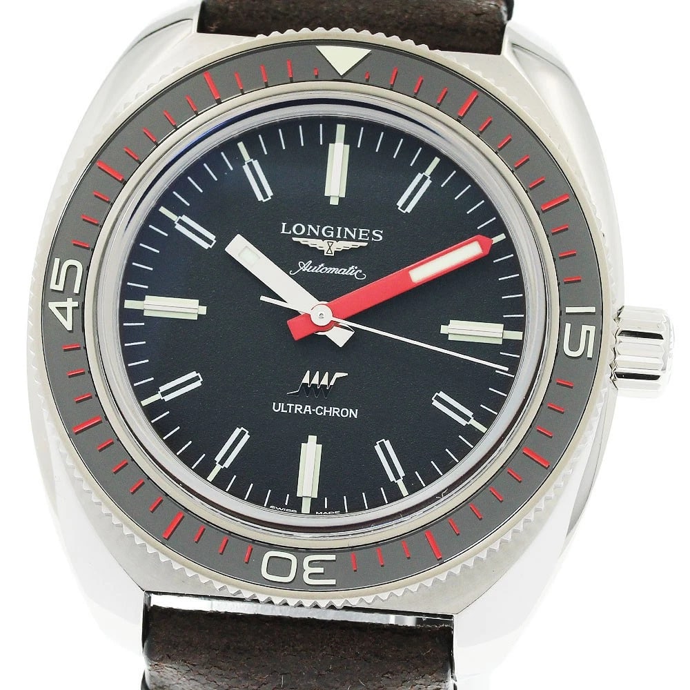 LONGINES ULTRACRON BLACK DIAL AUTOMATIC WATCH: LONGINES Ultracron black Dial Automatic Watch Brand: LONGINES Type/Style: Wristwatch Material: Band Material leather, Case Material Stainless Steel Color: Band Color Dark brown, Case Color Silver, Dia