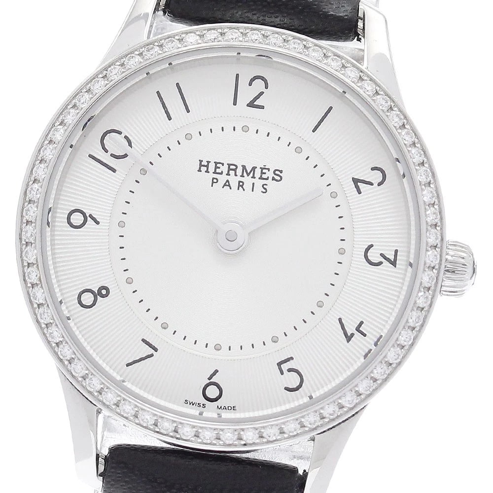 HERMES SLIM DO DIAMOND BEZEL SILVER DIAL QUARTZ WATCH: HERMES Slim Do Diamond Bezel Silver Dial Quartz Watch Brand: HERMES Type/Style: Wristwatch Material: Band Material leather, Case Material Stainless Steel Color: Band Color black, Case Color Silver,