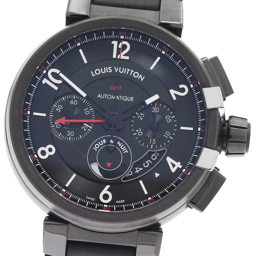 LOUIS VUITTON TAMBOUR EVOLUTION GMT AUTOMATIC WATCH: LOUIS VUITTON Tambour Evolution GMT Automatic Watch Brand: LOUIS VUITTON Type/Style: Wristwatch Material: Band Material Rubber / leather, Case Material Stainless Steel Color: Band Color black, Case Co
