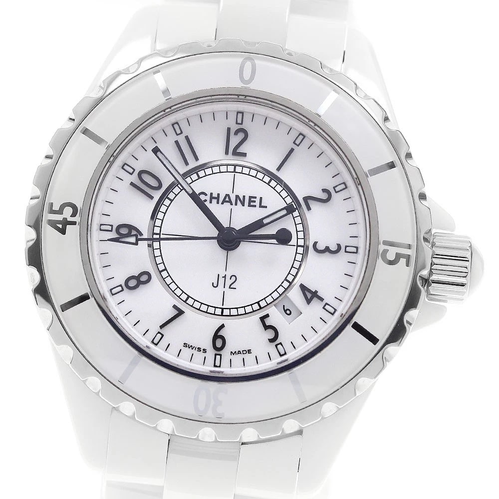 CHANEL J12 WHITE CERAMIC DATE WHITE DIAL QUARTZ WATCH: CHANEL J12 White ceramic date white Dial Quartz Watch Brand: CHANEL Type/Style: Wristwatch Material: Band Material Ceramic / Stainless Steel, Case Material Ceramic / Stainless Steel Color: Band Color