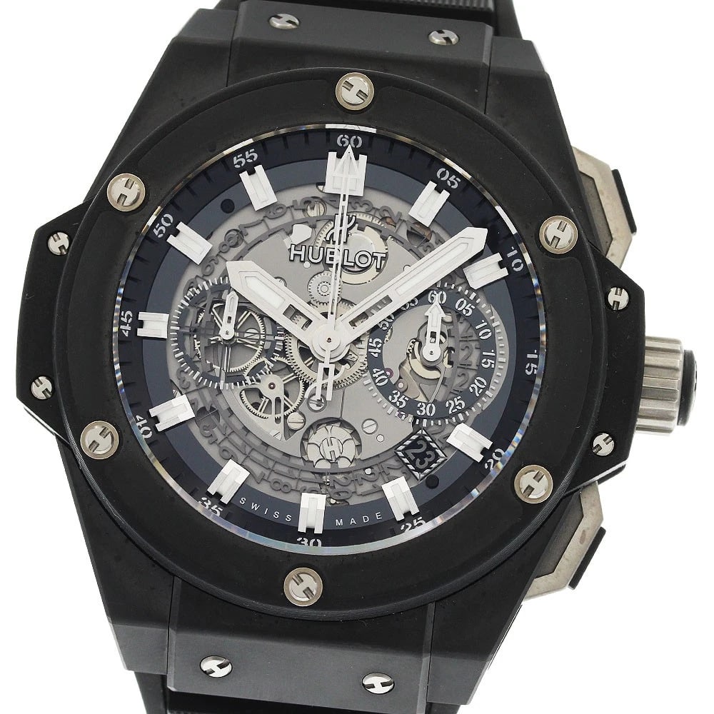 HUBLOT KING POWER UNICO BLACK MAGIC AUTOMATIC WATCH: HUBLOT King Power Unico Black Magic Automatic Watch Brand: HUBLOT Type/Style: Wristwatch Material: Band Material rubber, Case Material Ceramic / titanium Color: Band Color black, Case Color black,