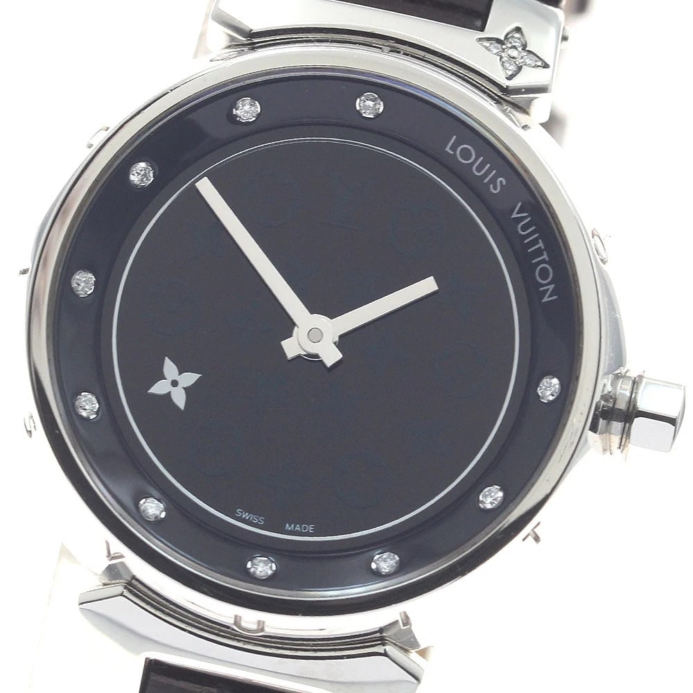 LOUIS VUITTON TAMBOUR DISC DIAMON PM QUARTZ WATCH: LOUIS VUITTON Tambour Disc Diamon PM Quartz Watch Brand: LOUIS VUITTON Type/Style: Wristwatch Material: Band Material leather, Case Material Stainless Steel Color: Band Color Bordeaux, Case Color Silv